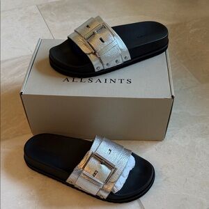 AllSaints Silver Buckle Slide Sandal